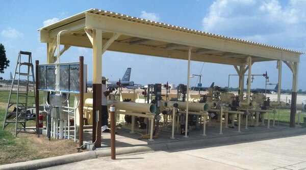 A recently renovated service control point at  Barksdale Air Force Base, Louisiana, ensures fuel is delivered to the Air Force  2nd Bomb Wing’s stable of  B-52 Stratofortresses (seen in background), a long-range heavy bomber serving as a vital component to the Air Force Global Strike Command.  Huntsville Center’s Installation and Support and Programs Management DLA-Fuels program manages a maintenance and repair service program sustaining worldwide fueling capability to the Department of Defense and other agencies. 