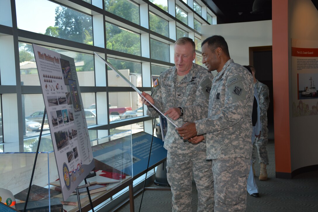 Vicksburg District Commander Col. John W. Cross (left) escorted USACE Commander Lt. Gen. Thomas P. Bostick on a tour of the Lower Mississippi River Museum in Vicksburg, Miss., while the USACE commander is in town for the Mississippi Valley Division's Change of Command Ceremony, scheduled Aug. 29, 2014, at the Vicksburg Convention Center.  LTG Bostick will be officiating the ceremony in which Brig. Gen. (P) Michael C. Wehr will become the division’s 38th commander. (Photo by Pamela Harrion, MVD PAO)