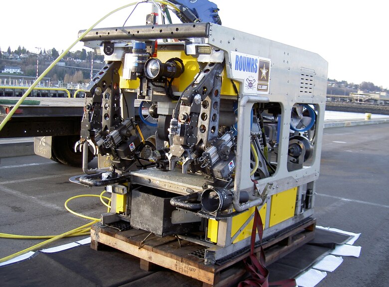 A Remotely Operated Underwater Munitions Recovery System, a high-tech piece of machinery used at the Former Lowry Bombing and Gunnery Range near Denver, Colo., in 2011 to pick up munitions.
