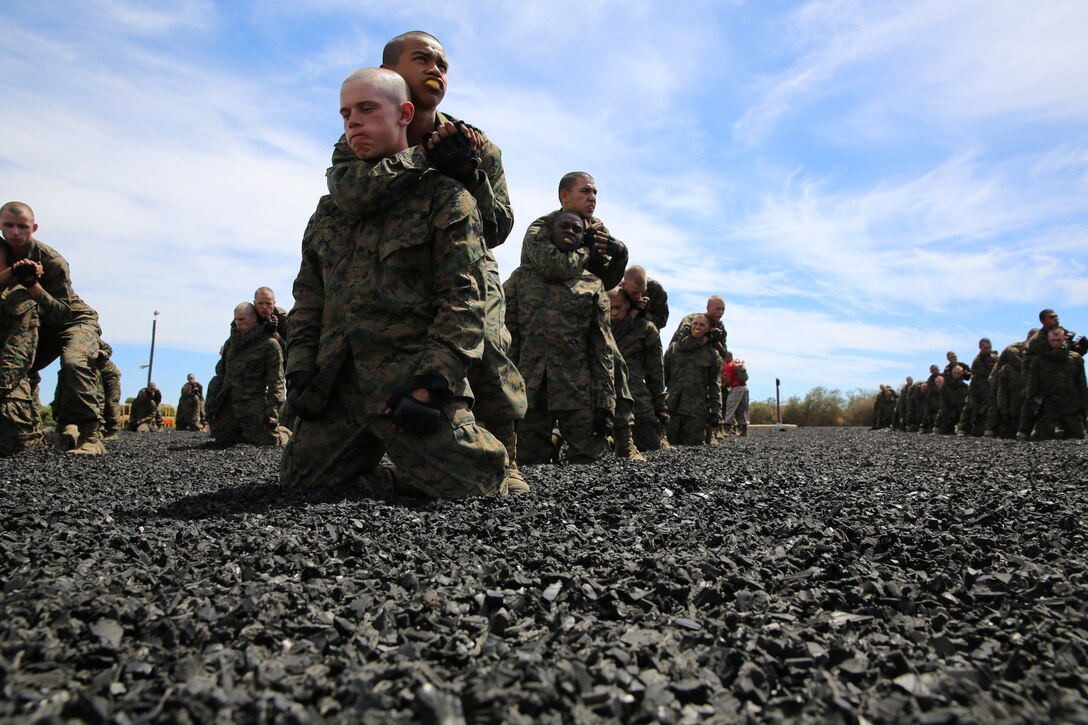 Recruits of Company B, 1st Recruit Training Battalion, practice blood chokes during a Marine Corps Martial Arts Program session at Marine Corps Recruit Depot San Diego, Calif., Aug. 25. To ensure the safety of the recruits, the chokes were not applied completely, rather the recruit having the technique applied was instructed to tap their partners as soon as they felt the choke was being applied correctly.