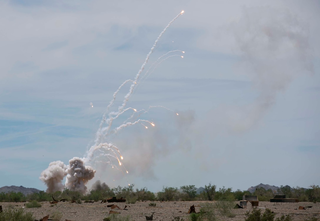 Unexploded ordnance is detonated during range clearance operations at the Chocolate Mountain Aerial Gunnery Range, Calif., Monday, Aug. 25, 2014. Explosive Ordnance Disposal technicians with both Marine Corps Air Station Yuma, Ariz., and Marine Wing Support Squadron 372 from Marine Corps Base Camp Pendleton, Calif., conducted a surface sweep to clear target areas of ordnance in preparation for the next Weapons and Tactics Instructor course.