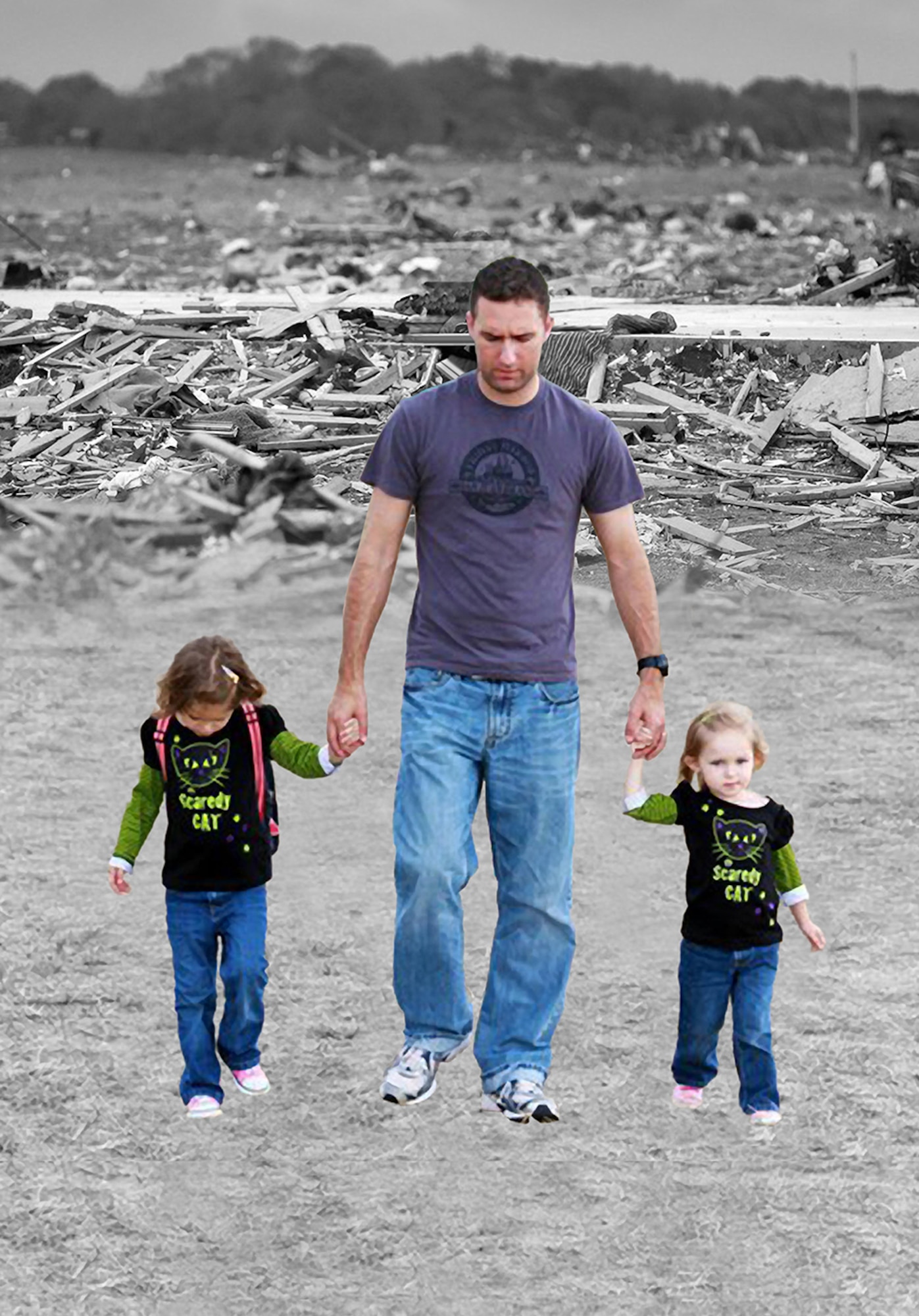 Daddy’s girls through and through, Sydney (left) and Lorelai loved to take walks in the park with their dad, Master Sgt. Dan “Bud” Wassom II. The girls had their lives turned upside down when a tornado hit Vilonia, Ark., April 27, destroying their home and taking their daddy’s life. (photo illustration by David M. Stack)