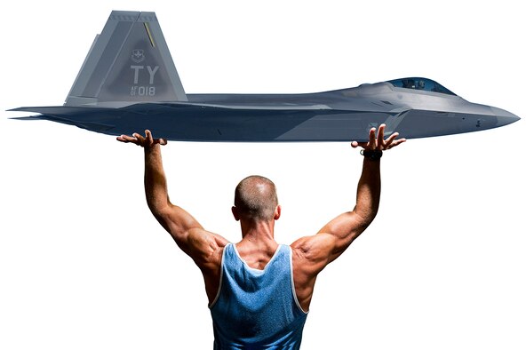 Gravity-induced loss of consciousness, also know as G-LOC, is a pilot killer. It can be combated with exercise programs — including weight training, as emphasized in this photo illustration of a pilot military pressing an F-22 Raptor. (U.S. Air Force photo by Tech. Sgt. Sarayuth Pinthong/ Not released) 