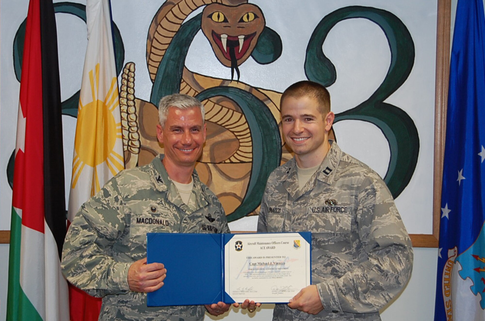 Capt. Michael Vinacco, a 363rd Training Squadron aircraft maintenance officer course graduate from Poquoson, Va., has earned the ACE award Aug. 22, 2014, at Sheppard Air Force Base, Texas. The ACE award is given for maintaining a 100 percent average throughout each block test. (Courtesy photo)