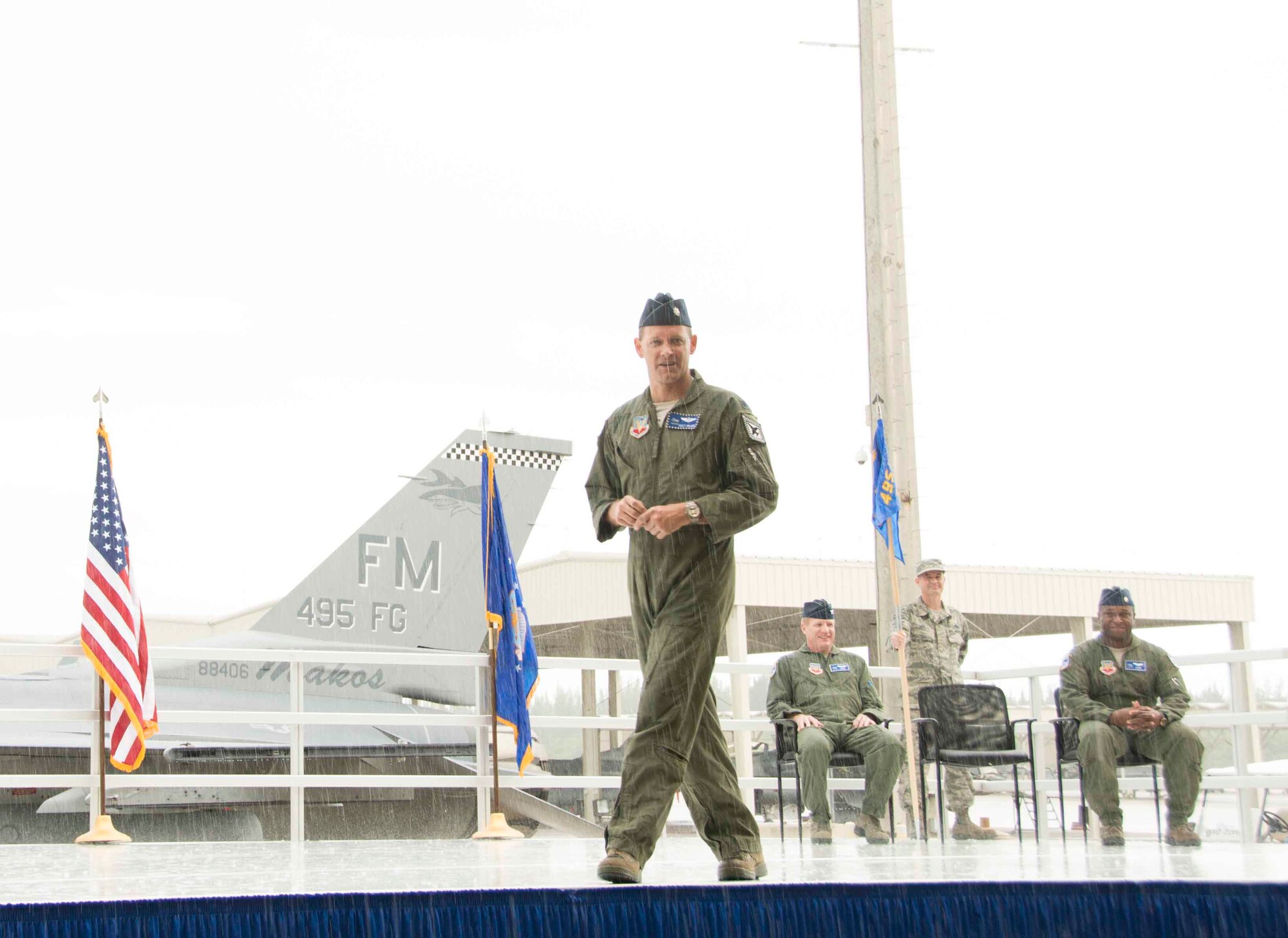 Lt. Col. Scott W. Walker addresses the members of Detachment 93, 495th Fighter Group one last time at Homestead Air Reserve Base, Fla., 28 Aug. Walker relinquished command of Det. 93 to Lt. Col. Henry R. Jeffress. (Air Force photo/Senior Airman Aja Heiden)