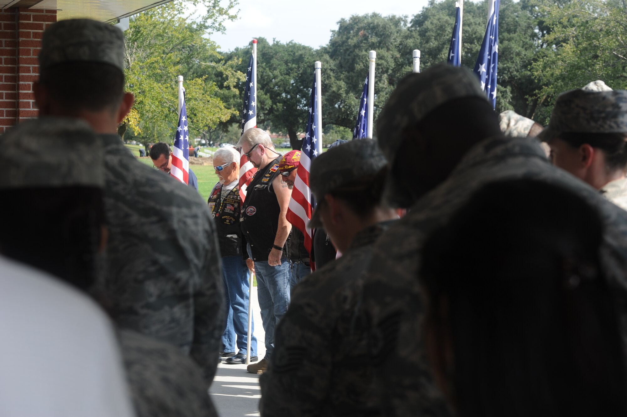 Members of the American Patriot Riders and members of Team Keesler attend a Forgotten Hero ceremony for Maj. Pierre David Junod Aug. 28, 2014, at Biloxi National Cemetery. Keesler personnel, members of the American Patriot Riders, and parishioners of the Nourishing Place chapel attended the ceremony to honor Junod, who had no remaining family. Junod was a U.S. Air Force navigator during the Vietnam War. (U.S. Air Force photo by Airman 1st Class Stephan Coleman)