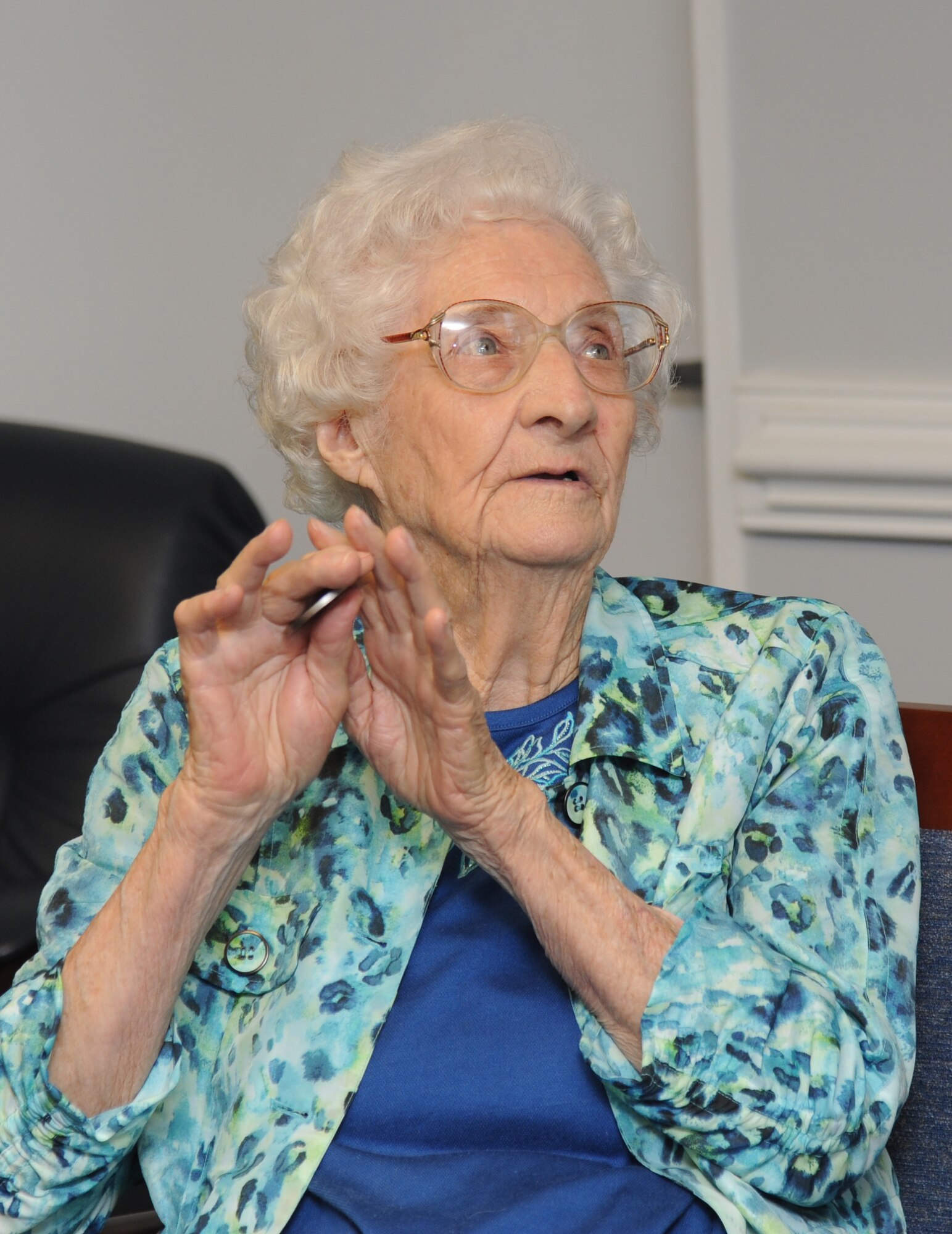 Idella Urie of Biloxi, who celebrates her 100th birthday Sept. 1, was a special visitor to Keesler Air Force Base, Mississippi, on Sept. 26.  Urie came to work at Keesler in 1942 to fabricate and replace plexiglass windshields and windows in aircraft during World War II and went on to develop plastic training aids.  She retired from federal employment at Keesler in 1973, more than 40 years ago. (U.S. Air Force photo by Kemberly Groue)