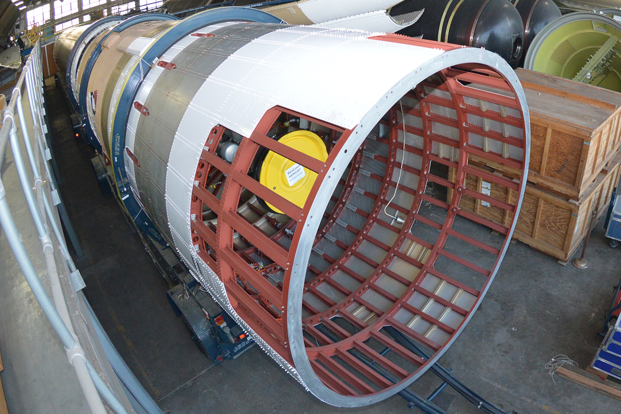 DAYTON, Ohio (08/2014) -- The Titan IVB space launch vehicle in the restoration hangar at the National Museum of the United States Air Force. This is Stage Two which has one liquid propellant rocket engine. (U.S. Air Force photo)