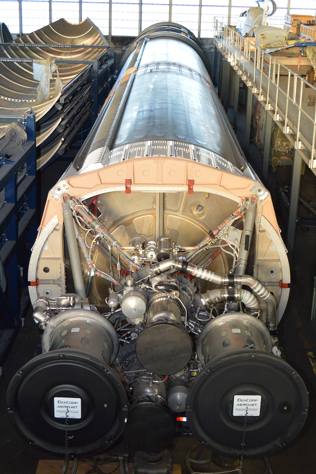 DAYTON, Ohio (08/2014) -- The Titan IVB space launch vehicle in the restoration hangar at the National Museum of the United States Air Force. This is Stage One. (U.S. Air Force photo)