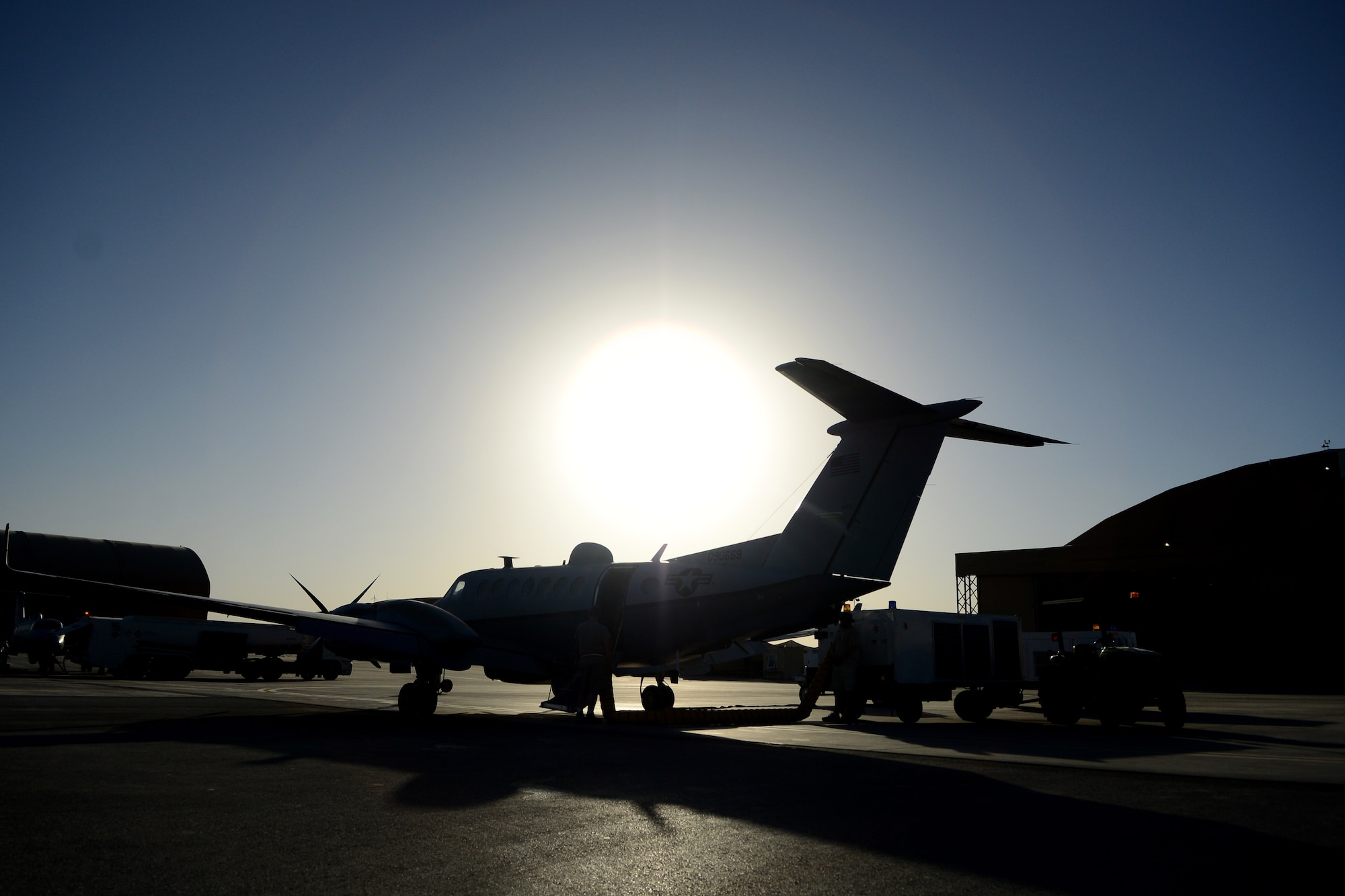 An MC-12W Liberty aircraft with the 361st Expeditionary Reconnaissance Squadron prepares to take off for a mission at Kandahar Airfield, Afghanistan Aug. 20,2014.  After four years of intelligence, surveillance and reconnaissance operations the unit will end its mission in September.  (U.S. Air Force photo by Staff Sgt. Evelyn Chavez/Released)