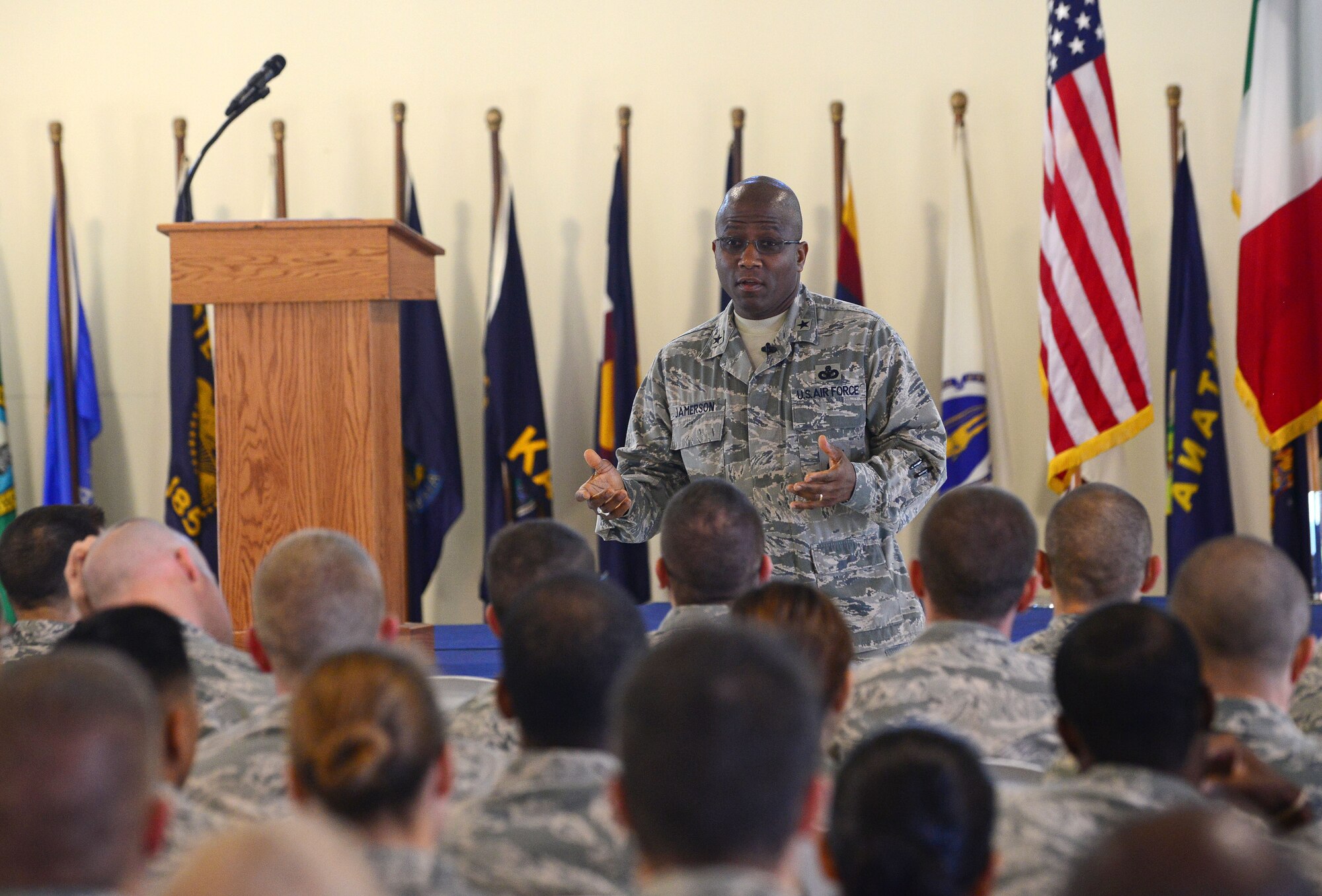 Brig. Gen. Allen Jamerson, Director of Security Forces, Deputy Chief of Staff for Logistics, Installations and Mission Support, Headquarters U.S. Air Force, Washington, D.C., speaks with Airmen from the 31st Security Forces Squadron, Aug. 29, 2014, at Aviano Air Base, Italy. More than 300 Aviano defenders listened to Jamerson as he discussed potential changes in the security forces career field. (U.S. Air Force photo/Senior Airman Matthew Lotz)