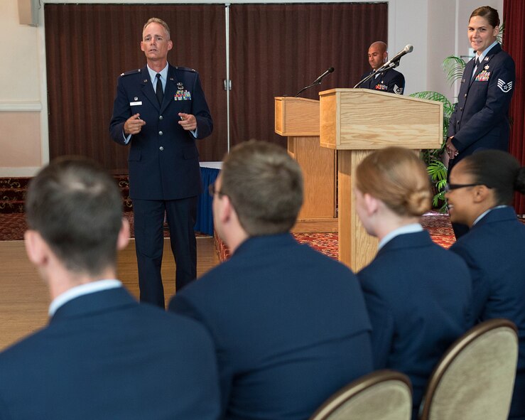 Col. Michael A. Vogel, 66th Air Base Group commander, addresses newly promoted Airmen during the monthly enlisted promotion ceremony at the Minuteman Commons Aug. 28. The monthly enlisted promotion ceremony, generally held the last duty day of the month gives the Hanscom community a chance to recognize enlisted Airman selected for promotion. (U.S. Air Force photo by Mark Herlihy)