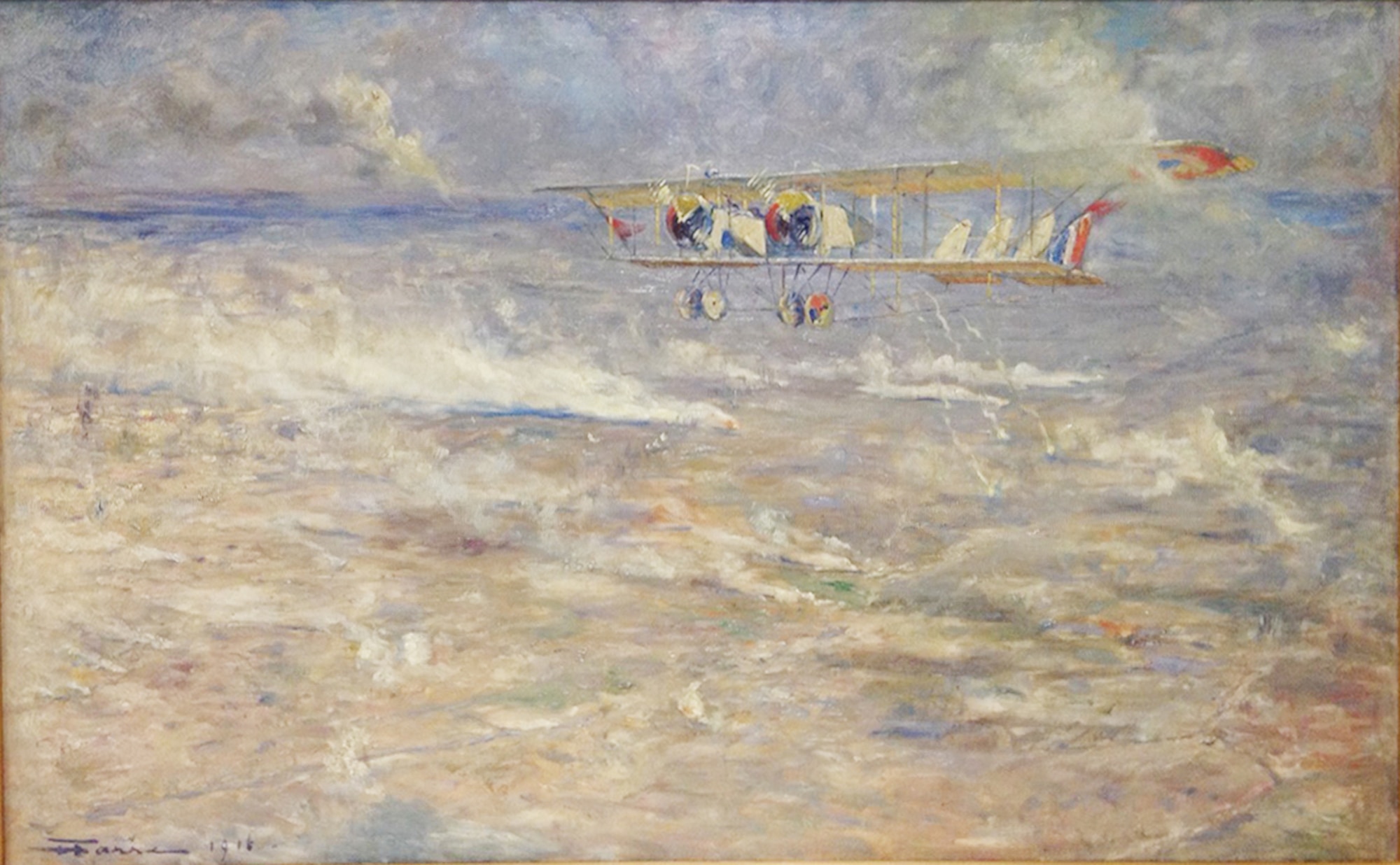 This painting, "Caudron Aeroplane Directing Artillery Fire Between the Argonne and Verdun," is part of an exhibit featuring artwork by Henri Farré, an observer-bombardier in the French Air Service during World War I who was considered to be the first aviation artist. Titled “Sky Fighters in France: World War I Aviation Art of Henri Farré,” the exhibit will open Sept. 22, 2014, and feature more than 30 pieces of artwork. (U.S. Air Force photo)