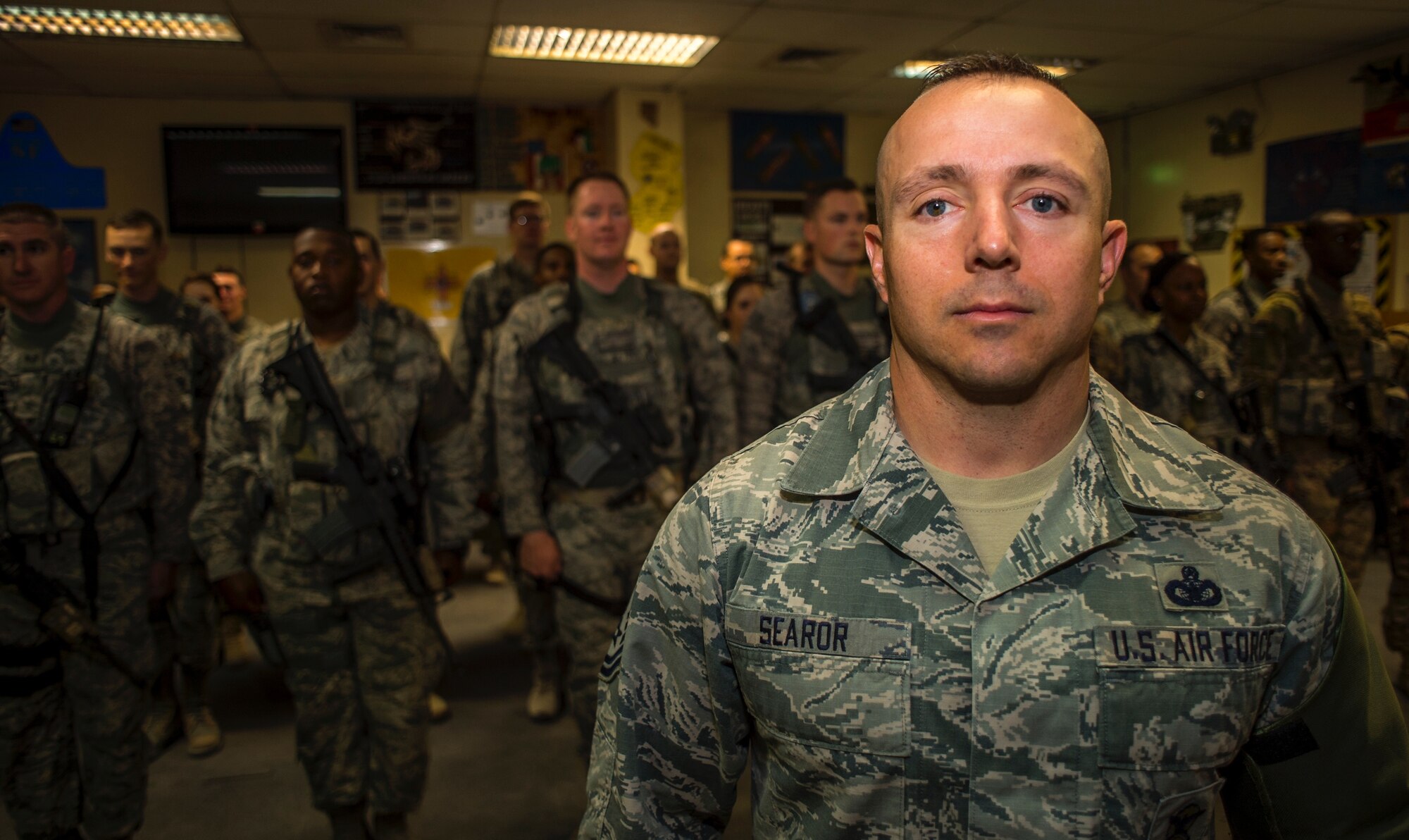 This week's Rock Solid Warrior is Master Sgt. John B. Searor III.  He is the flight chief for the 386th Expeditionary Security Forces Squadron. The Syracuse,New York native is deployed from the 721st Security Forces Squadron, Cheyenne Mt. Air Station Colorado Springs, Co.  (U.S. Air Force photo by Staff Sgt. Jeremy Bowcock)