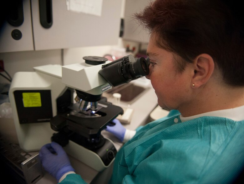 Maj. Tracy Oumeddour, 51st Medical Support Squadron lab flight commander, looks through a microscope at Osan Air Base, Republic of Korea, Aug. 27, 2014. Oumeddour uses the microscope to identify traces of an infection within blood and urine samples. (U.S. Air Force photo by Senior Airman Matthew Lancaster/Released)