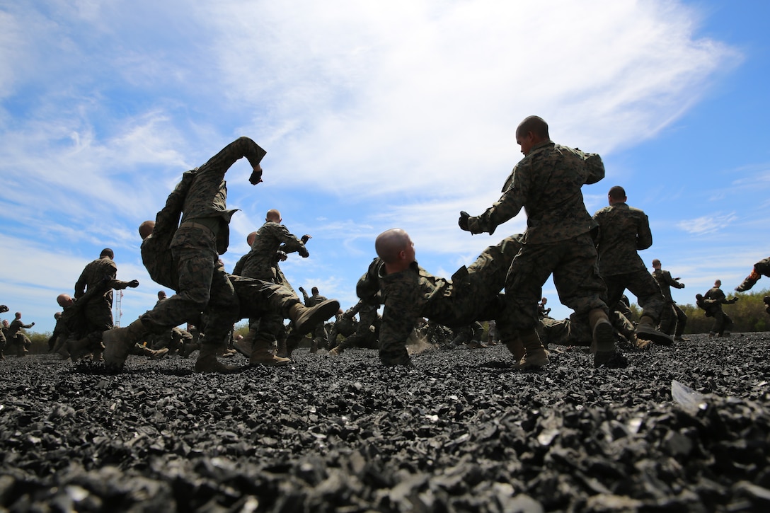 A recruit from Mike Company, 3rd Recruit Training Battalion, applies a choke  hold during a Marine Corps Martial Arts Program test at Marine Corps  Recruit Depot San Diego, July 20. The recruits