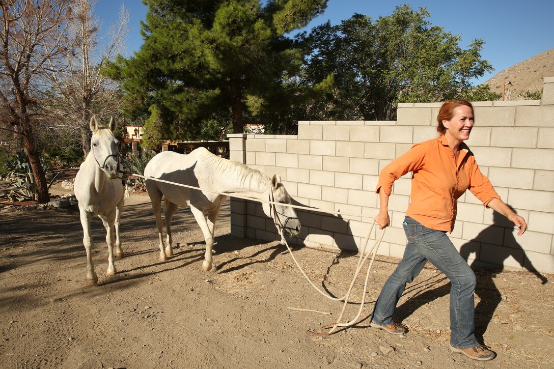 Jacklyn Wilson, owner, Crazy Horse Ranch, leads two horses to prepare them for saddle mounting during a volunteer event for Marines at Crazy Horse Ranch. The ranch offers trail rides, personal lessons and occasional clinics for groups, Aug. 24, 2014.