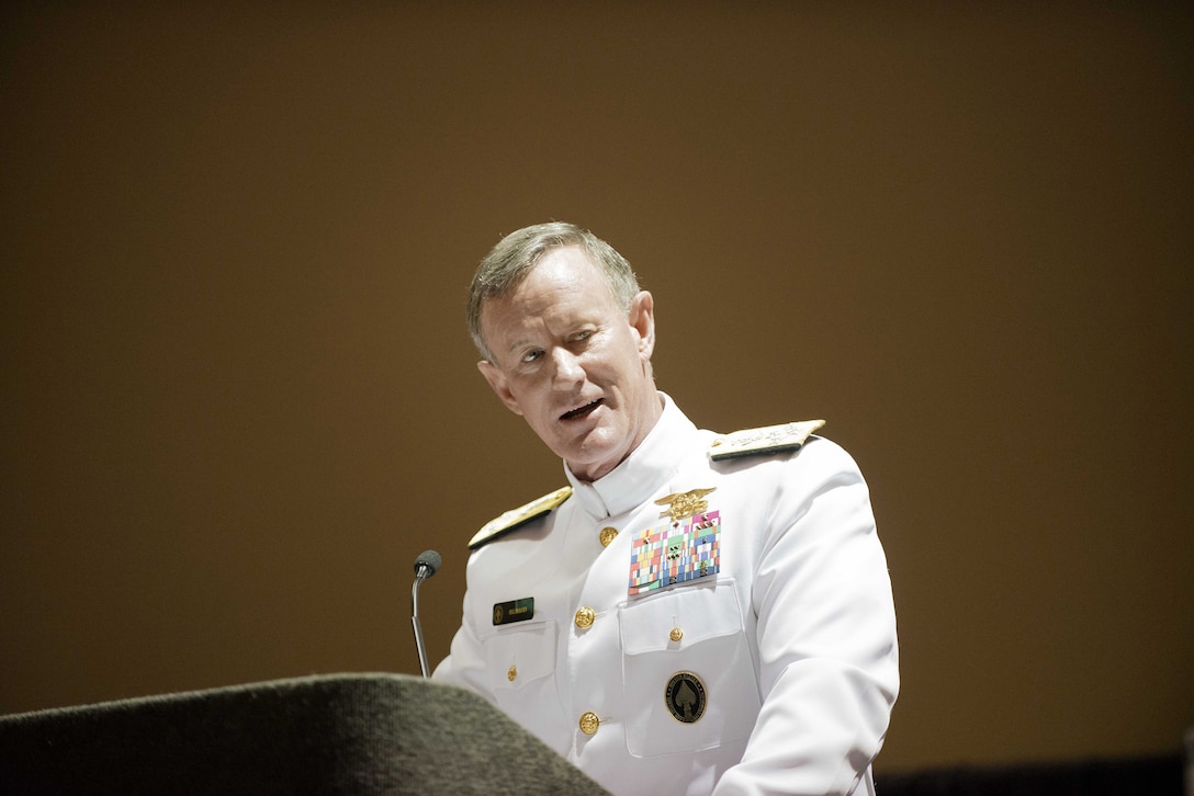 Navy Adm. William H. McRaven offers remarks during the change-of-command ceremony for U.S. Special Operations Command in Tampa, Fla., Aug. 28, 2014. McRaven relinquished command to Army Gen. Joseph L. Votel III.