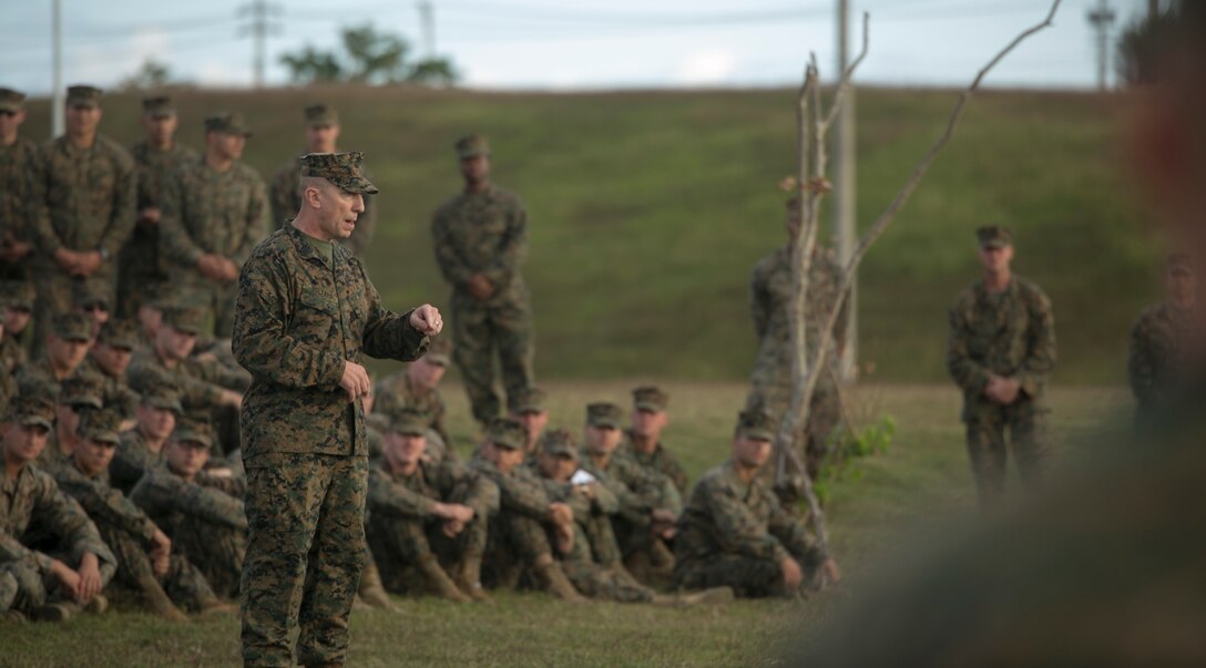 Sergeant Major Michael L. Bolyard gives an orientation brief to the Marines of Battalion Landing Team 2nd Battalion, 4th Marines, Nov. 21 on Camp Hansen. BLT 2/4 served as the ground combat element for the 31st Marine Expeditionary Unit’s Fall Patrol 2013 and returns again to support future operations in the Asia-Pacific region. Bolyard is the sergeant major of BLT 2/4, 31st MEU. 