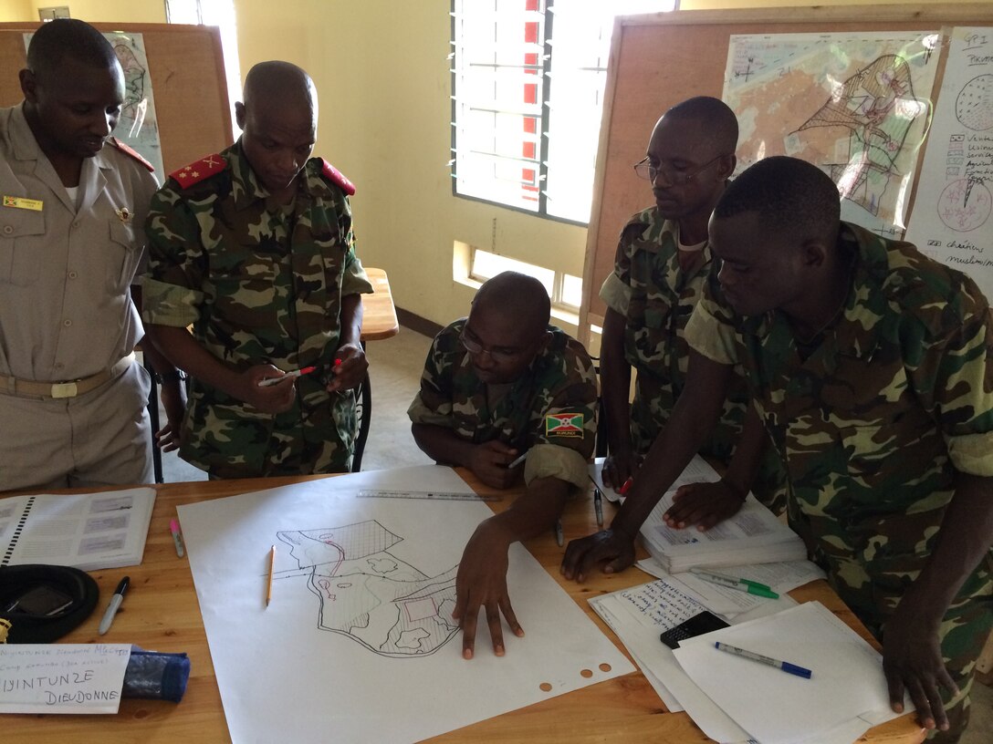 Burundian Army intelligence officers practice the fundamentals of map-reading, terrain building, and using basic intelligence concepts during a three-week Basic Intelligence Course in Bujumbura, Burundi, November 3rd -21st. The U.S. Africa Command sponsored, Marine Forces Africa-led engagement is designed to enhance the host nation’s contribution to the African Union Mission to Somalia, which the Burundi Army has supported since 2007. 