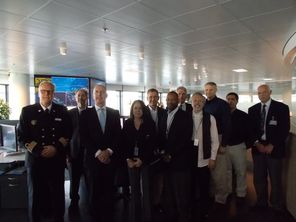 Visit to the Port of Rotterdam traffic management center – (left to right) Port Captain, Port of Rotterdam, Will Logan (Deputy Director, ICIWaRM), Ronald Paul (COO, Port of Rotterdam), Ms Jo-Ellen Darcy (ASA-CW), John Lonnquest (Chief, USACE O/History), James Dalton (Chief, USACE Engineering and Construction), Hans Pietersen (RWS contact to USACE), Bob Pietrowsky (Director, IWR), Joe Manous (IWR), Mark Sudol (Director, USACE Navigation and Civil Works Decision Support Ctr), Ruud Staverman (RWS).