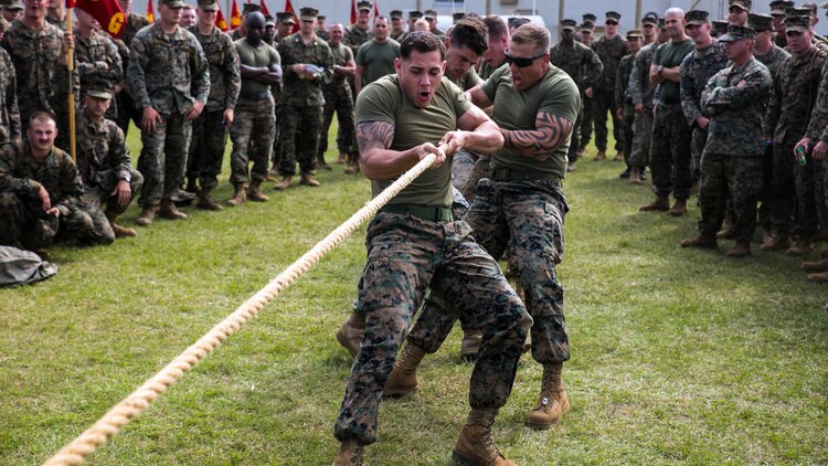 Marines from 1st Battalion, 3rd Marine Regiment struggle to defeat their opponents in a tug-of-war Nov. 14 during the Shanghai Commanders’ Cup at Camp Schwab. The winning unit was 1st Bn., 1st Marines. There will be added to the cup and it will be showcased in their command building on Camp Hansen until the next competition. The Marines are currently assigned to 4th Marine Regiment, 3rd Marine Division, III Marine Expeditionary Force, under the unit deployment program. 