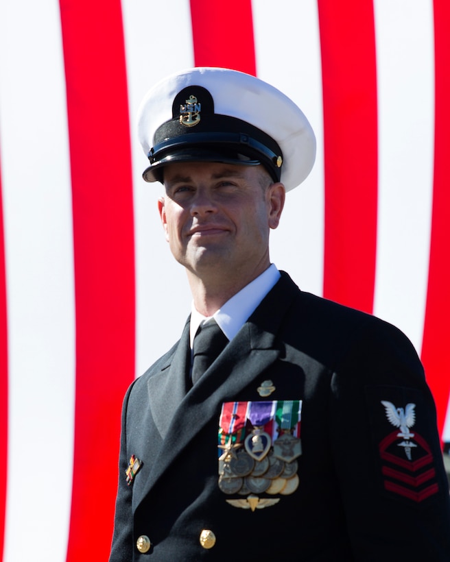 Navy Chief Petty Officer Justin A. Wilson, Special Amphibious Reconnaissance Corpsman, 1st MSOB, received the Navy Cross aboard Camp Pendleton, Calif., on Nov. 25, 2014. The Navy Cross is the second highest valor award, second to the Medal of Honor, and must be approved by the Secretary of the Navy before being awarded (U.S. Marine Corps Photo by Sgt. Scott A. Achtemeier / Released)