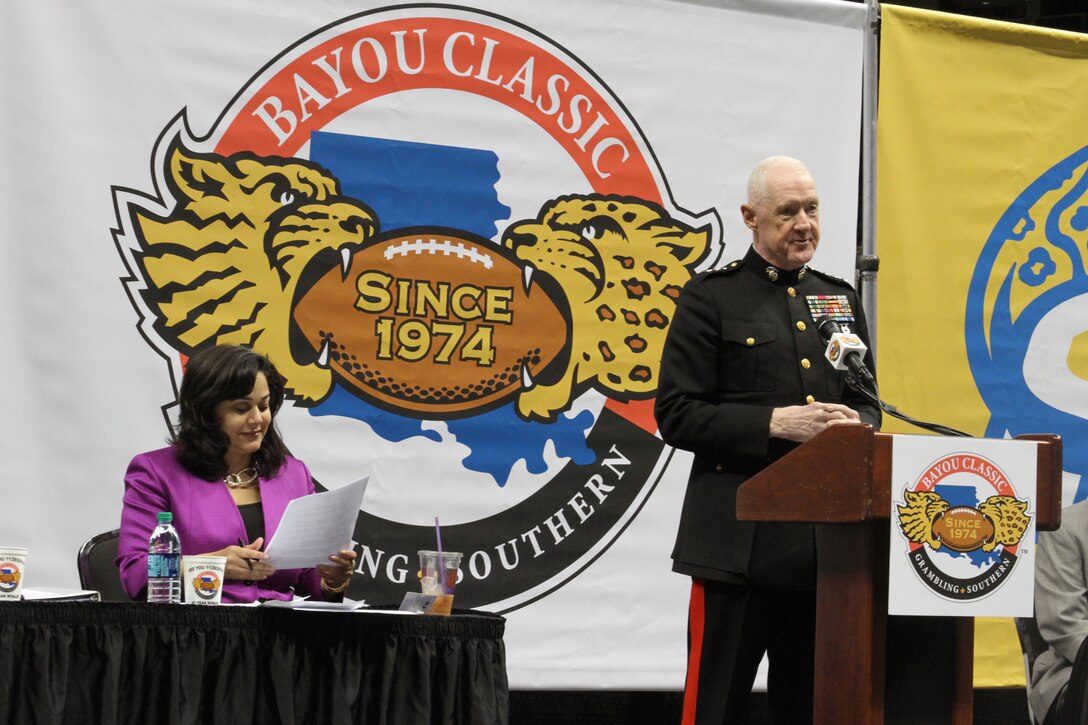 Lt. Gen. Richard Mills, Commander of U.S Marine Forces Reserve, gives remarks during the Bayou Classic Kickoff Press Conference held at the New Orleans Mercedes-Benz Superdome, Nov. 25, 2014. The Marine Corps has been partners with the Bayou Classic for the past 14 years as a way to strengthen the Marine Corps’ relationship with Historically Black Colleges and Universities while reinforcing the armed services as a viable career option for college and high school graduates. (U.S. Marine Corps photo by Sgt. Rubin J. Tan/Released)