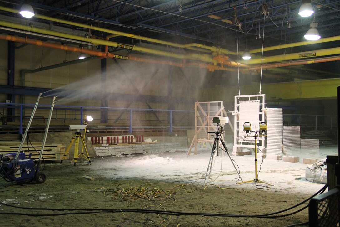 CRREL evaluates the all-weather performance of a scaled prototype fabric screen in the Ice Engineering Research Area.