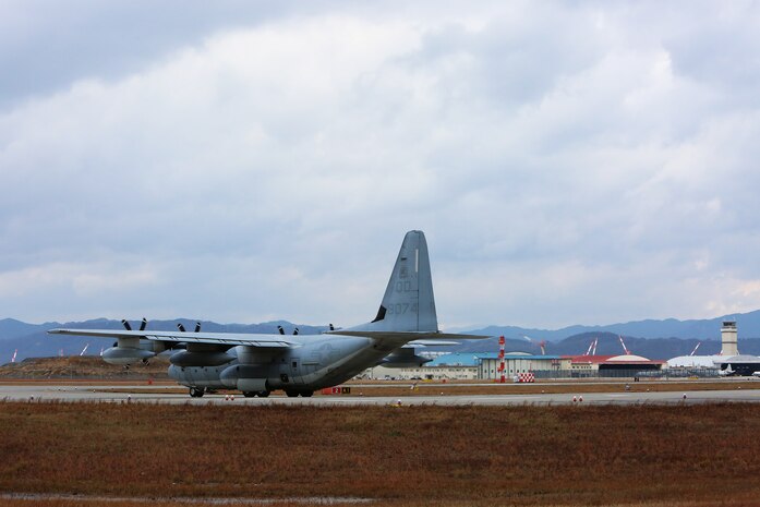 A KC-130J Super Hercules with Marine Aerial Refueler Transport Squadron 152 taxies to the runway aboard Marine Corps Air Station Iwakuni, Japan, Dec. 1, 2014. The squadron, nicknamed “Sumos”, received the Chief of Naval Operations Aviation Safety Award for 2013 flying more than 2,900 sorties throughout the Western Pacific area and amassing more than 7,700 mishap-free hours last year. 