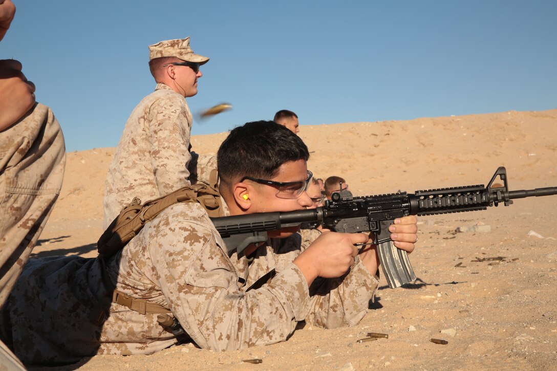 A Marine with 3rd Light Armor Reconnaissance Battalion, conducts the marksmanship event of the 3rd LAR field meet aboard the Combat Center, Nov. 20, 2014. The competition began and ended at Del Valle Field. (Official Marine Corps photo by Pfc. Medina Ayala-Lo/Released)