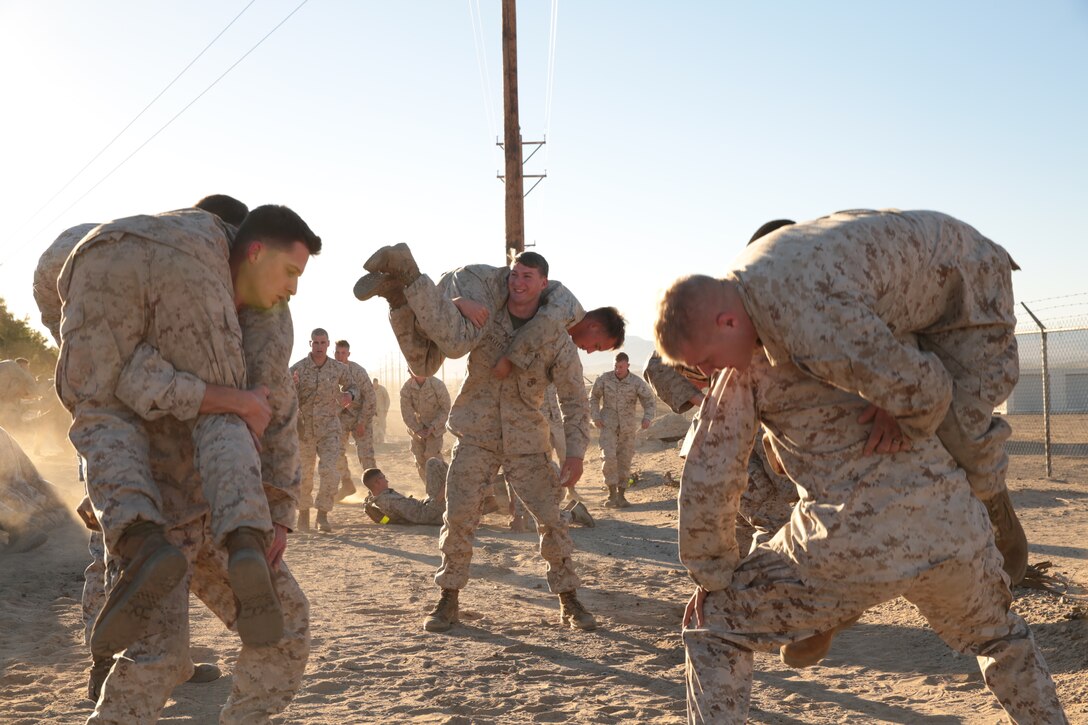 Marines and sailors of 3rd Light Armor Reconnaissance Battalion, conduct buddy squats during the first event of the 3rd LAR field meet aboard the Combat Center, Nov. 20, 2014. For the competition Marines and sailors were broken down by companies, sections, platoons and squads. (Official Marine Corps photo by Pfc. Medina Ayala-Lo/Released)
