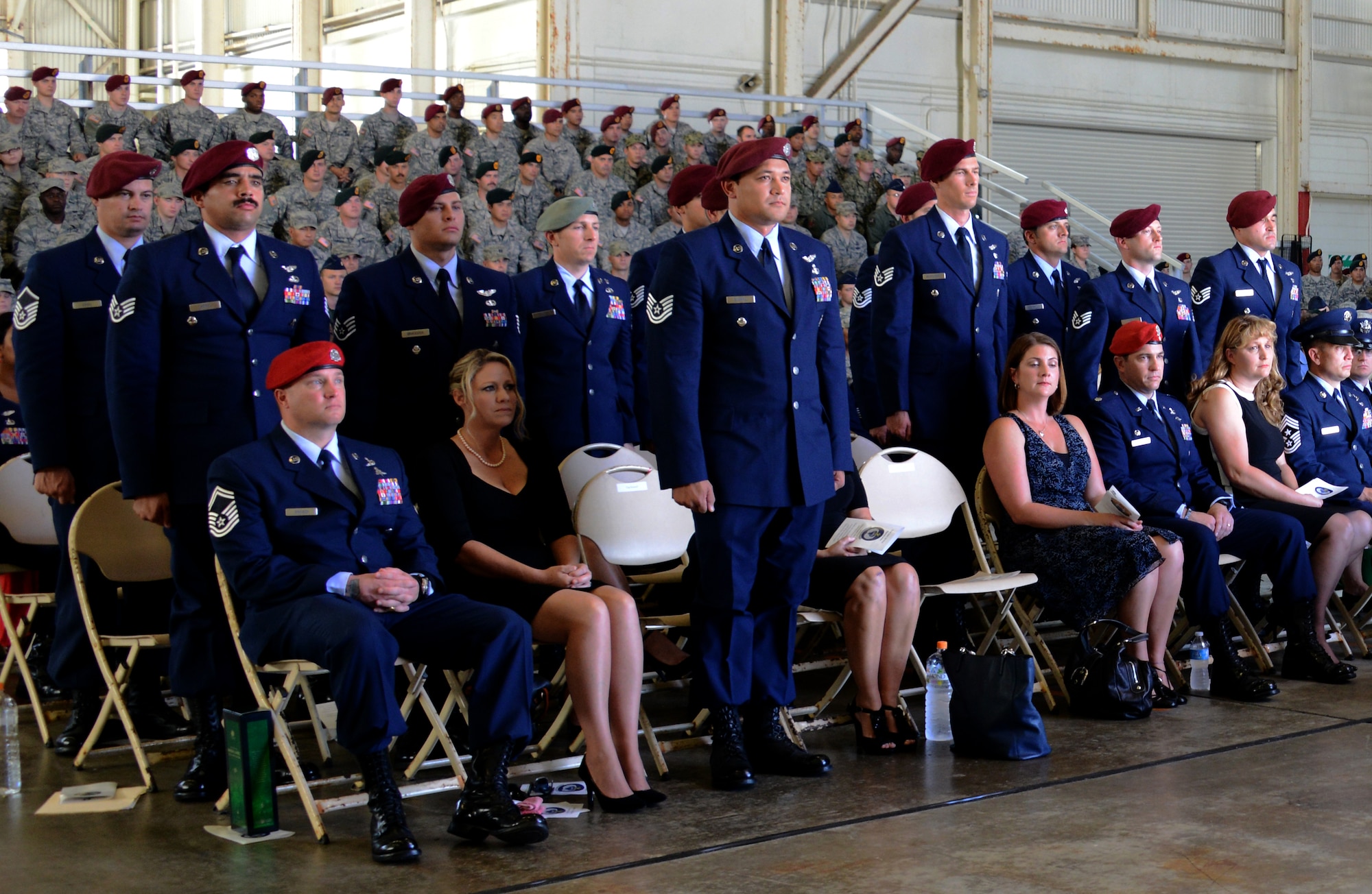 Members from Tech. Sgt. Barton’s team stand during roll call held during a memorial service held for Barton Nov. 25, 2014 at Kadena Air Base, Japan. Barton, a 320th Special Tactics Squadron pararescueman, died Oct. 30 from injuries sustained after a rappelling incident during a joint exercise training event near Kathmandu, Nepal.  (U.S. Air Force photo by Tech. Sgt. Kristine Dreyer)
 
