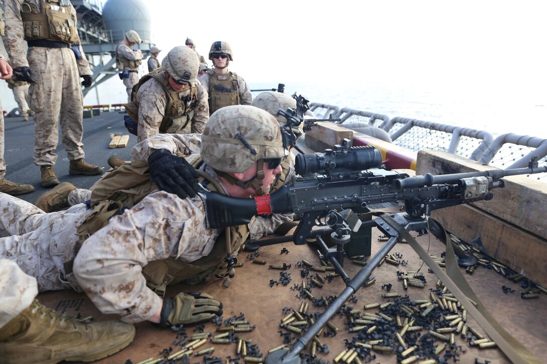 Marines with Combined Anti-Armor Team Red, Battalion Landing Team 2nd Battalion, 1st Marines, 11th Marine Expeditionary Unit (MEU), conduct a live-fire range aboard the amphibious assault ship USS Makin Island (LHD 8). The Makin Island Amphibious Ready Group and the embarked 11th MEU are deployed in support of maritime security operations and theater security cooperation efforts in the U.S. 5th Fleet area of responsibility. (U.S. Marine Corps photos by Cpl. Demetrius Morgan/Released)  