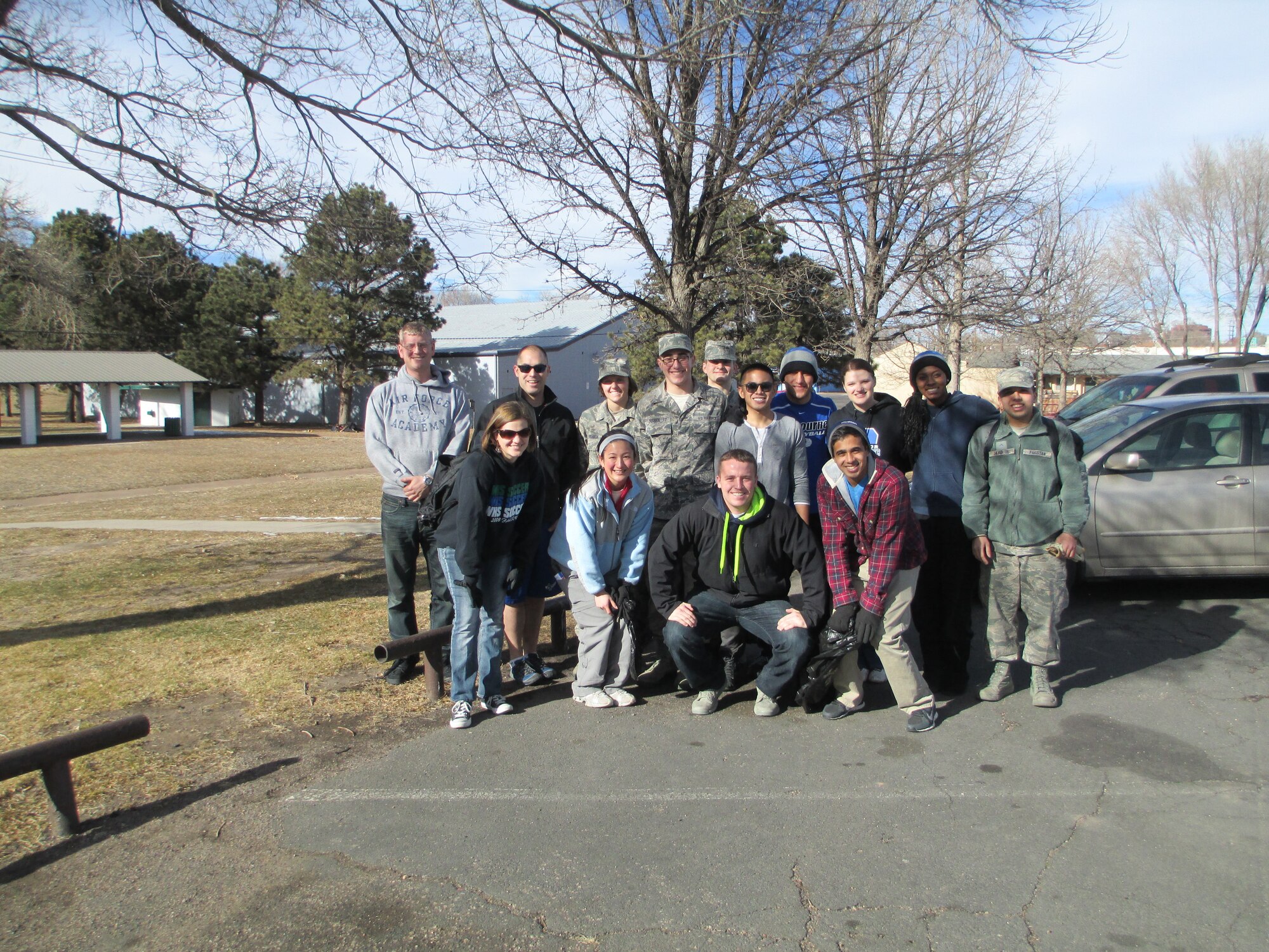 Cadets from the Academy’s interfaith council and their friends pose during a service project at Dorchester Park Jan. 11. Part of the President’s Interfaith Community Service and Campus Challenge, cadets picked up trash and interacted with people of various faith groups.