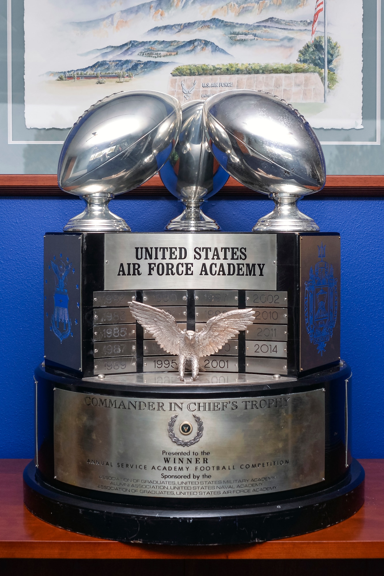 The Commander in Chief's Trophy is seen here in the lobby of the 10th Air Base Wing Headquarters building here Dec. 1, 2014. The trophy is awarded to the winner of the service academies' college football triangular series. Air Force won the trophy when it defeated Army 23-6 Nov. 1. (U.S. Air Force photo/Liz Copan)