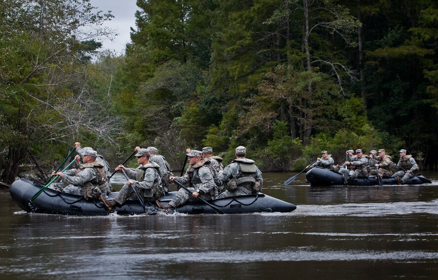 Soldiers from the 6th Ranger Training Battalion, paddle down the Yellow River enroute to a memorial on Eglin Air Force Base, Fla., for the four fallen Rangers who lost their lives Feb. 16, 1995. More than 40 Soldiers participated in the excursion Sept. 25 that followed in the footsteps of the tragic squad to learn from their experience and understand what took place that night almost 20 years ago.