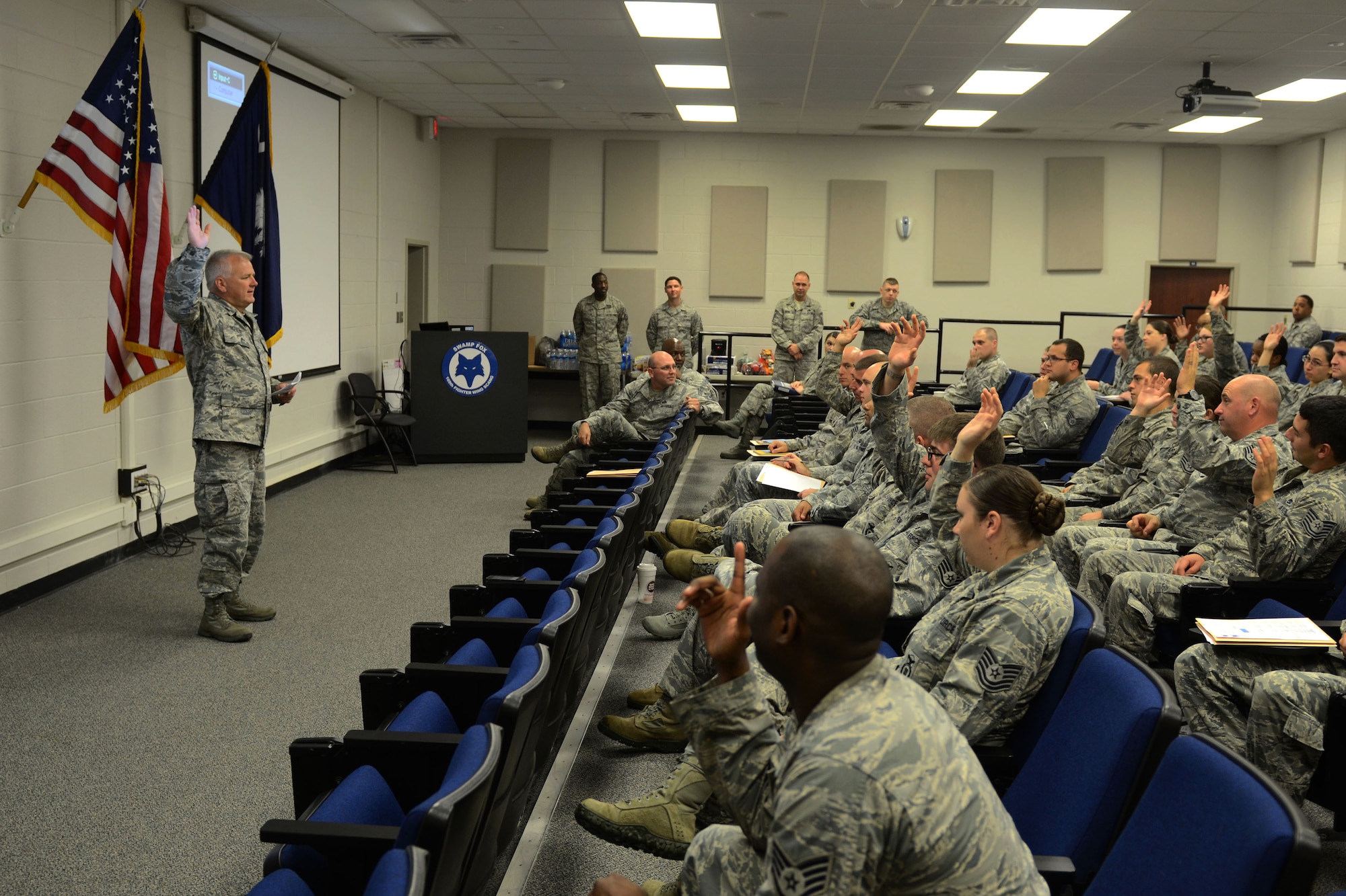 U.S. Air Force Chief Master Sgt. Stephen Shepherd, the 169th Fighter Wing Command Chief, speaks to attendees of McEntire Joint National Guard Base's first Non-Commissioned Officer Professional Enhancement Seminar (NCOPES) with a goal of reemphasizing supervisory roles of junior NCOs assigned to the South Carolina Air National Guard's 169th Fighter Wing and the 20th Fighter Wing from Shaw Air Force Base, S.C., Oct. 28, 2014. (U.S. Air National Guard photo by Senior Master Sgt. Edward Snyder/Released)