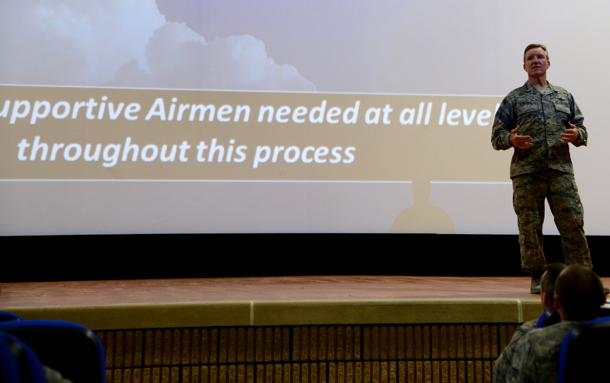 U.S. Air Force Gen. Hawk Carlisle, commander of Air Combat Command, speaks to Airmen, Nov. 25, 2014, at an all call held during his visit to, Al Udeid Air Base, Qatar. During his all call, Carlisle discussed force management, budget, and officer and enlisted and force development. He also stressed the importance of Wingmanship, noting that looking out for one another is fundamental to who we are as Airmen. (U.S. Air Force photo by Senior Airman Kia Atkins)