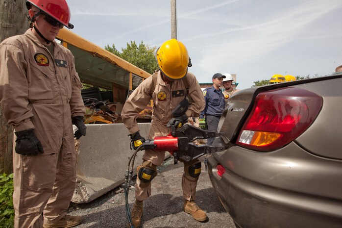 Marines and sailors with the Chemical Biological Incident Response Force conducted an annual training exercise alongside the New York City Fire Department at a training academy in Randall's Island, New York. CBIRF conducted rope rescue, vehicle extrication, structural collapse and confined space training during the week long exercise. The event culminated with a night operation at the Barclay's Center in Brooklyn, where Marines and sailors rescued role-playing casualties from a simulated bomb explosion. The mission of CBIRF is to forward-deploy and/or respond, when directed, to a credible threat of chemical, biological, radiological, nuclear or high-yield explosive incident in order to assist local, state or federal agencies and unified combat commanders in the conduct of consequence management operations. (Official Marine Corps Photo by Sgt Kuande Hall/RELEASED)


