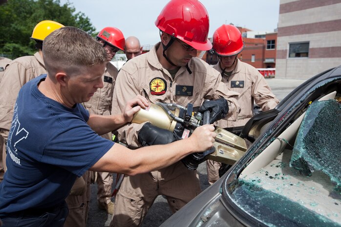 Marines and sailors with the Chemical Biological Incident Response Force conducted an annual training exercise alongside the New York City Fire Department at a training academy in Randall's Island, New York. CBIRF conducted rope rescue, vehicle extrication, structural collapse and confined space training during the week long exercise. The event culminated with a night operation at the Barclay's Center in Brooklyn, where Marines and sailors rescued role-playing casualties from a simulated bomb explosion. The mission of CBIRF is to forward-deploy and/or respond, when directed, to a credible threat of chemical, biological, radiological, nuclear or high-yield explosive incident in order to assist local, state or federal agencies and unified combat commanders in the conduct of consequence management operations. (Official Marine Corps Photo by Sgt Kuande Hall/RELEASED)


