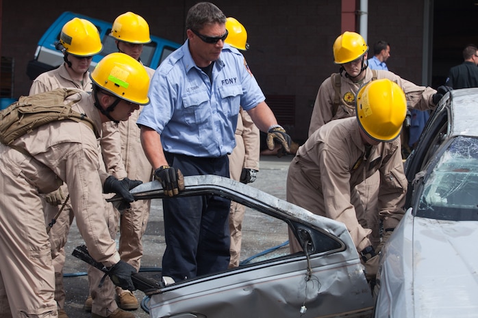 Marines and sailors with the Chemical Biological Incident Response Force conducted an annual training exercise alongside the New York City Fire Department at a training academy in Randall's Island, New York. CBIRF conducted rope rescue, vehicle extrication, structural collapse and confined space training during the week long exercise. The event culminated with a night operation at the Barclay's Center in Brooklyn, where Marines and sailors rescued role-playing casualties from a simulated bomb explosion. The mission of CBIRF is to forward-deploy and/or respond, when directed, to a credible threat of chemical, biological, radiological, nuclear or high-yield explosive incident in order to assist local, state or federal agencies and unified combat commanders in the conduct of consequence management operations. (Official Marine Corps Photo by Sgt Kuande Hall/RELEASED)


