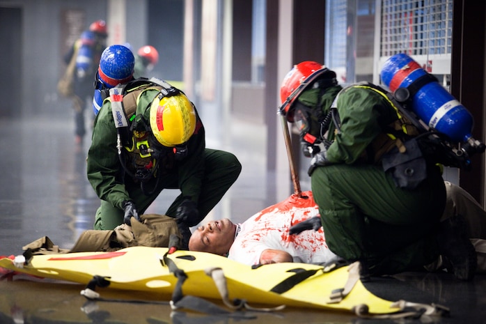 Marines and sailors with the Chemical Biological Incident Response Force conducted an annual training exercise alongside the New York City Fire Department at a training academy in Randall's Island, New York. CBIRF conducted rope rescue, vehicle extrication, structural collapse and confined space training during the week long exercise. The event culminated with a night operation at the Barclay's Center in Brooklyn, where Marines and sailors rescued role-playing casualties from a simulated bomb explosion. The mission of CBIRF is to forward-deploy and/or respond, when directed, to a credible threat of chemical, biological, radiological, nuclear or high-yield explosive incident in order to assist local, state or federal agencies and unified combat commanders in the conduct of consequence management operations. (Official Marine Corps Photo by Sgt Kuande Hall/RELEASED)


