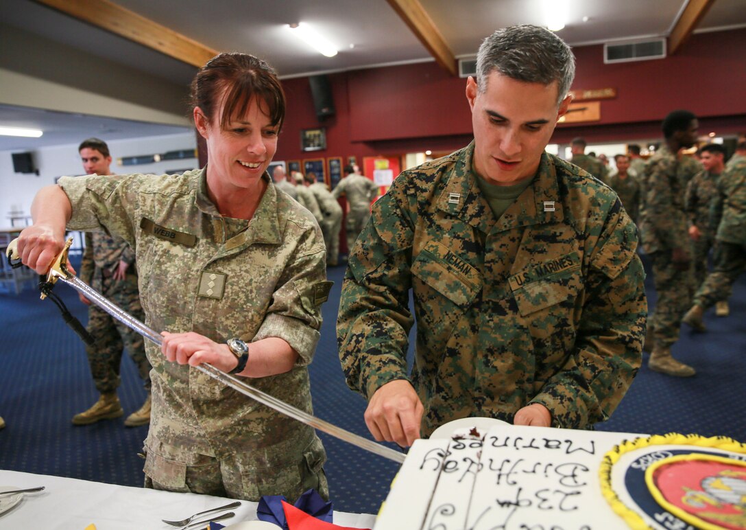 LINTON MILITARY CAMP (Nov. 20, 2014) - U.S. Marines shared part of their warrior culture with soldiers fron the New Zealand Defense Force with a Marine Corps Birthday cake cutting ceremony following Exercise Kiwi Koru aboard Linton Military Camp on Nov. 20, 2014. Each year, Marines around the world celebrate the Corps' birthday to pay respect to those who have served before and all who have yet to serve (U.S. Marine Corps photo by Sgt. Paris Capers / Released)