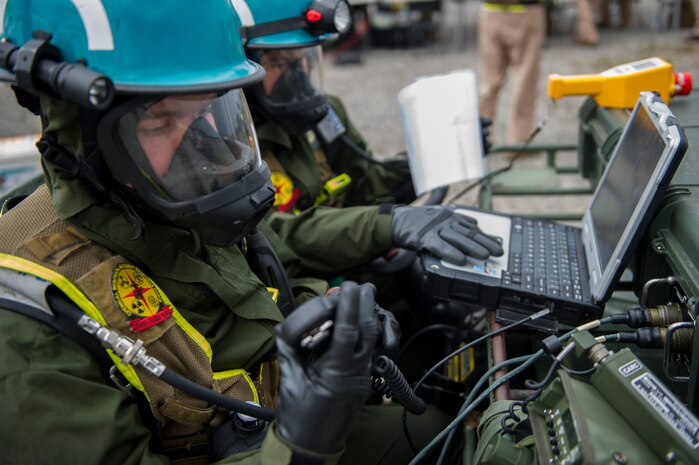 Marines and Sailors of the Chemical Biological Incident Response Force, II Marine Expeditionary Force participate in Exercise Scarlet Response at Guardian Centers in Perry, Ga., July 22. CBIRF personnel are trained to exercise command and control, agent detection and identification, search, rescue and decontamination, and emergency care for contaminated personnel. During Scarlet Response, the Marines and Sailors are testing their ability to detect radiation, locate casualties, conduct vehicle extrication, and perform decontamination of simulated casualties that have resulted from a mock nuclear explosion in a major U.S. city. Exercise Scarlet Response is being executed as part of Exercise Vibrant Response 14, a combined Command Post Exercise / Field Training Exercise directed by Commander, U.S. Northern Command. (U.S. Marine Corps photo by Cpl. Ian M. Bush/Released)


