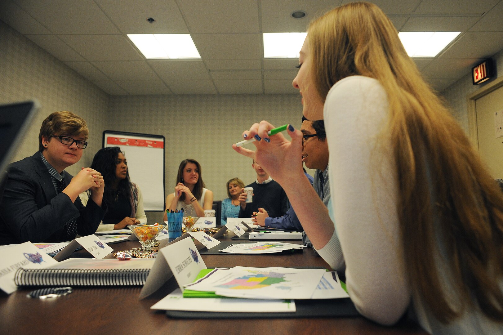 Jameson McCaffrie, left, talks with Emma Scholtes and other members of the National Guard Teen Panel during the panel’s recent quarterly meeting in Washington, D.C. The teen panel acts as an outlet for teenagers who are part of National Guard families to voice their issues and concerns about Guard programs and initiatives that affect them.  
