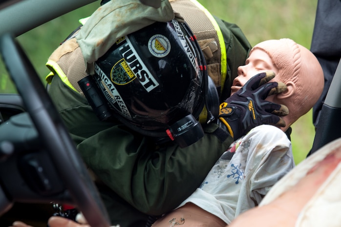 Marines and Sailors of the Chemical Biological Incident Response Force, II Marine Expeditionary Force participate in Exercise Scarlet Response at Guardian Centers in Perry, Ga., July 21. CBIRF personnel are trained to exercise command and control, agent detection and identification, search, rescue and decontamination, and emergency care for contaminated personnel. During Scarlet Response, the Marines and Sailors are testing their ability to detect radiation, locate casualties, conduct vehicle extrication, and perform decontamination of simulated casualties that have resulted from a mock nuclear explosion in a major U.S. city. Exercise Scarlet Response is being executed as part of Exercise Vibrant Response 14, a combined Command Post Exercise/Field Training Exercise directed by Commander, U.S. Northern Command. (Official Marine Corps Photo by Sgt Kuande L Hall/Released)


