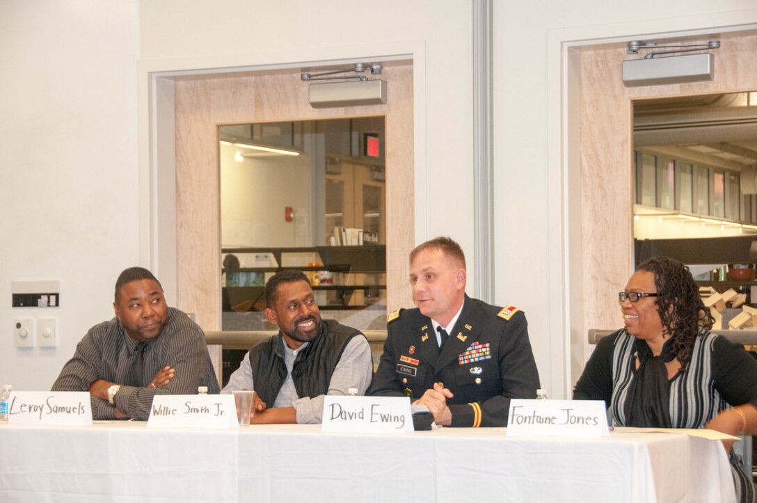 Civil engineers from the U.S. Army Corps of Engineers, Baltimore District, held a panel discussion at the Morgan State University's Civil Engineering Honor Society meeting on Nov. 5, 2014. The panel contributed information regarding their education, career paths, and work with the Baltimore Corps.  The night also included a Q&A session which provided students advice regarding work/life balance and career advancement opportunities in the field of civil engineering. Pictured from left to right: Leroy Samuels, Willie Smith, Jr., Cap. David Ewing, and Fontaine Jones. 