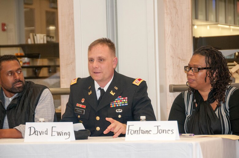 Civil engineers from the U.S. Army Corps of Engineers, Baltimore District, held a panel discussion at the Morgan State University's Civil Engineering Honor Society meeting on Nov. 5, 2014. The panel contributed information regarding their education, career paths, and work with the Baltimore Corps.  The night also included a Q&A session which provided students advice regarding work/life balance and career advancement opportunities in the field of civil engineering. Pictured from left to right: Willie Smith, Jr., Cap. David Ewing, and Fontaine Jones. 