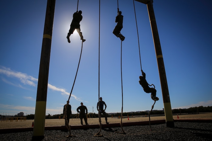 Recruits of Lima Company, 3rd Recruit Training Battalion, make their way up the last obstacle, the 20-foot rope climb, during the Obstacle Course II event aboard Marine Corps Recruit Depot San Diego, Nov. 20.  When recruits reached the top of the rope they had to slap the wood beam, that the rope is attached to, and scream their name, platoon number and senior drill instructor's name, which indicated the completion of the course.